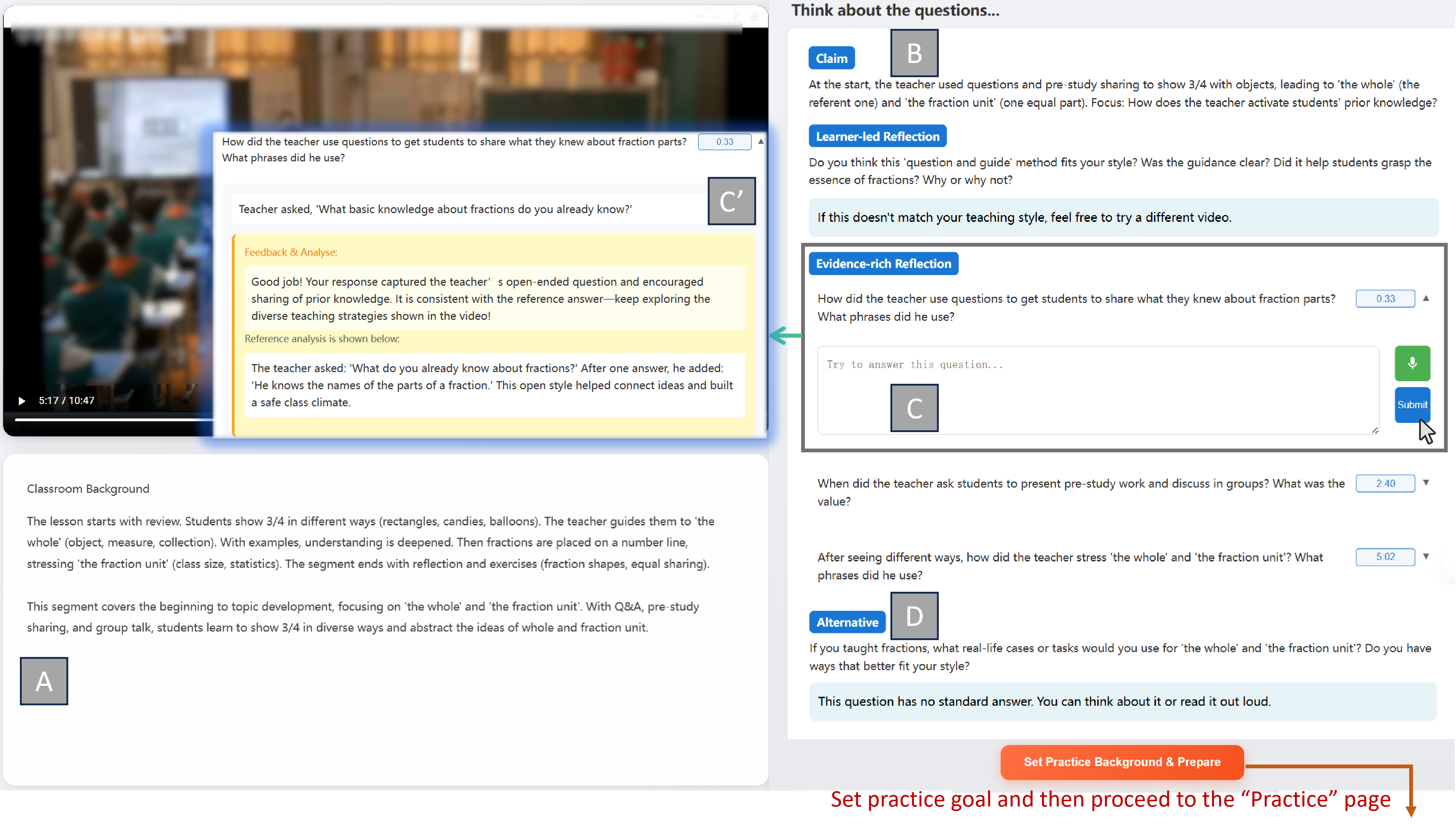 TeachUp interface for reflective video-based learning